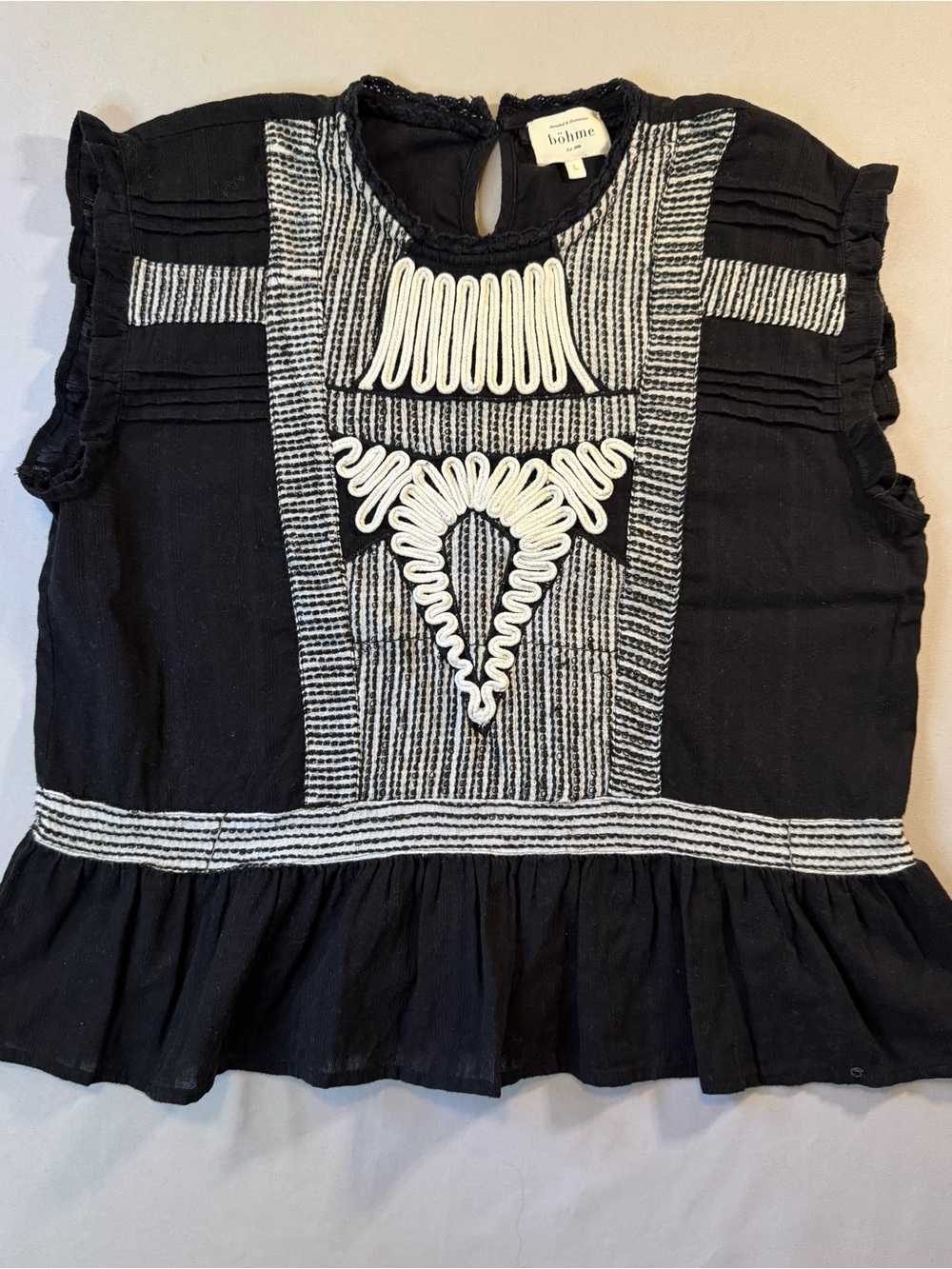 Böhme Women’s Black Peplum Top with White Embroidered Front, Sz L